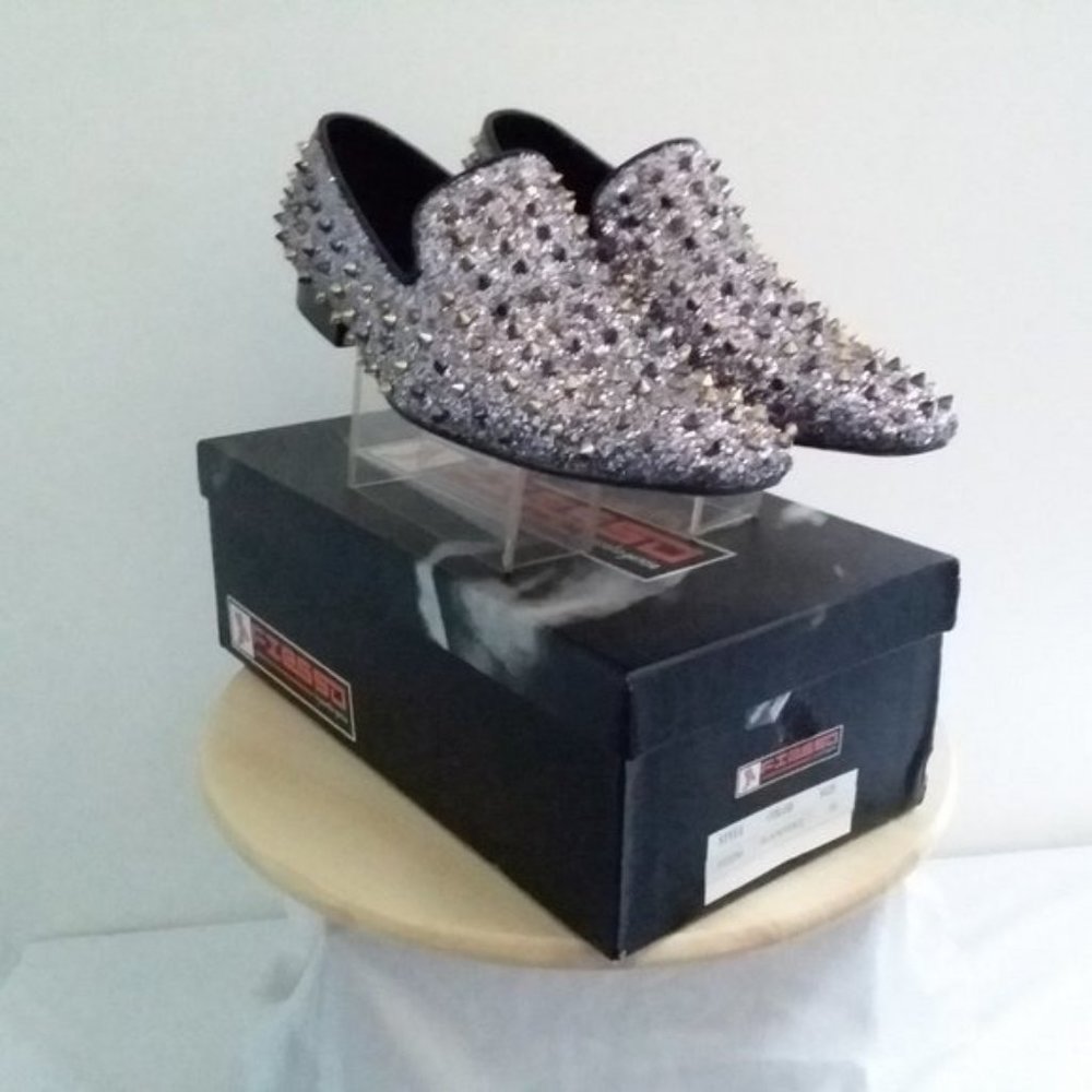 $170  Mens Loafer DRESS Shoes Spikes Glitter Black Gold Slip On Size 10 Fiesso